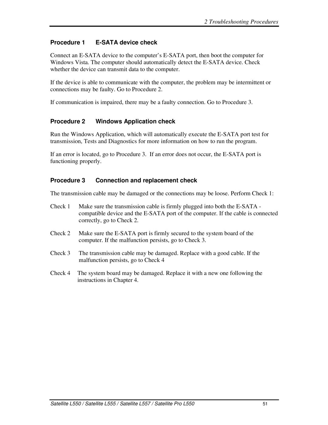 Toshiba PROL550 Procedure1 E-SATAdevicecheck, Procedure2 WindowsApplicationcheck, Procedure3 Connectionandreplacementcheck 