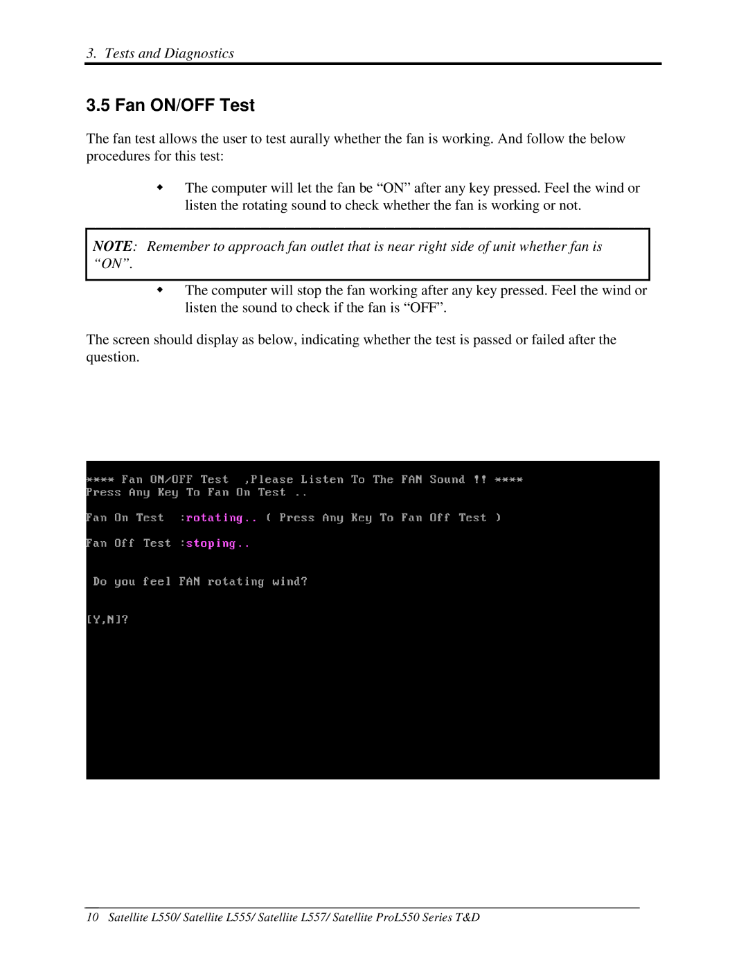 Toshiba PROL550 manual 5FanON/OFFTest, TestsandDiagnostics 