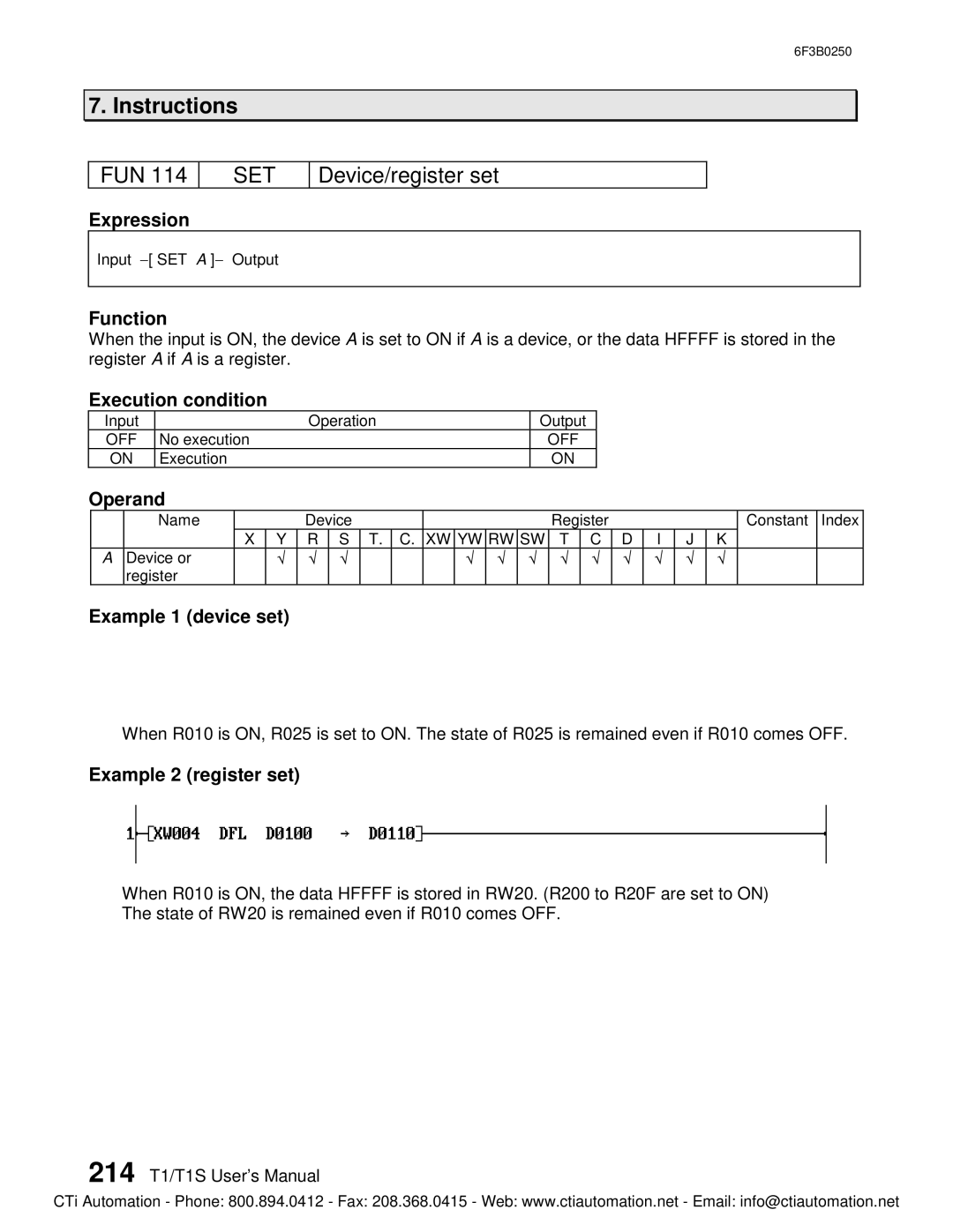 Toshiba PROSEC T1 T1S, 6F3B0250 user manual Set, Device/register set, Example 1 device set, Example 2 register set 