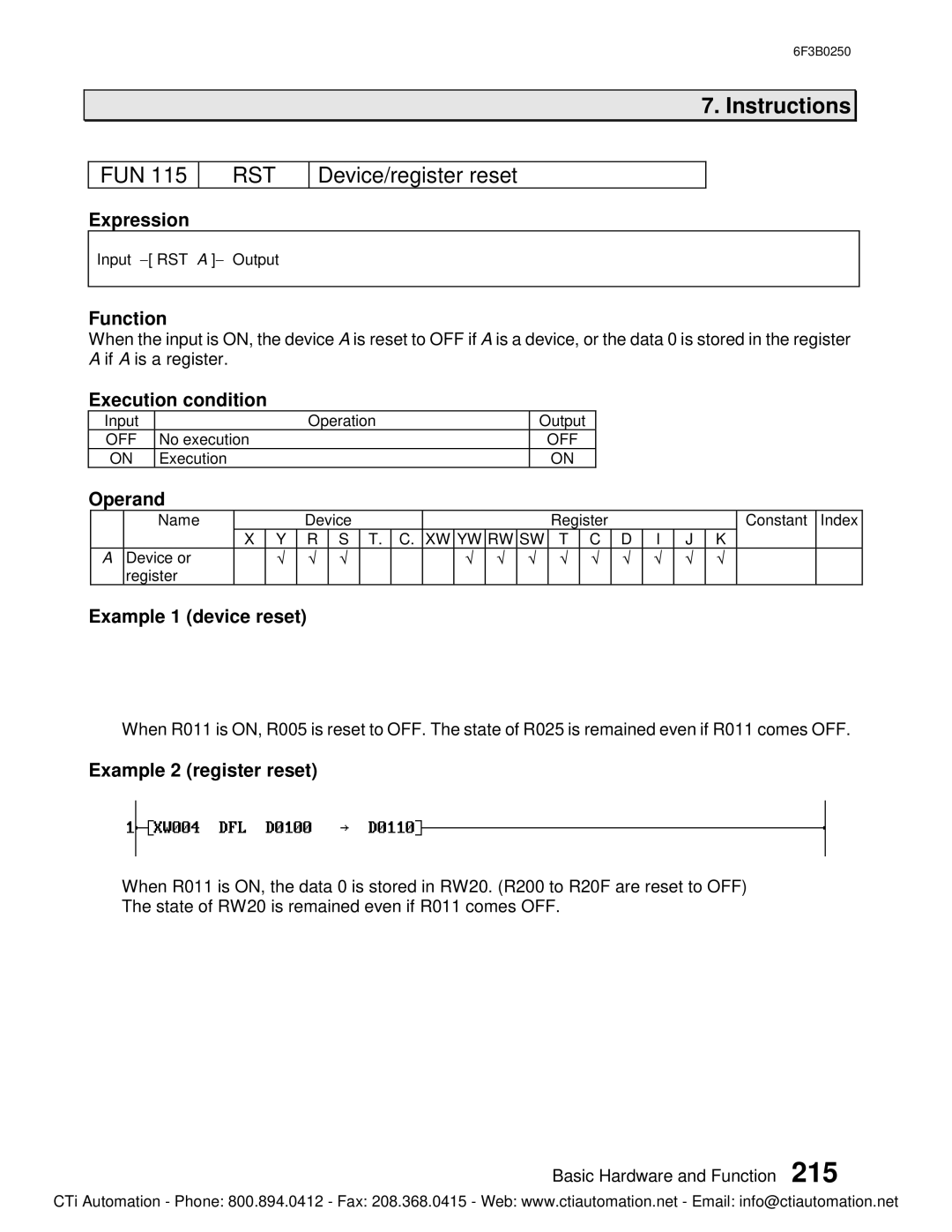 Toshiba 6F3B0250, PROSEC T1 T1S user manual Rst, Device/register reset, Example 1 device reset, Example 2 register reset 