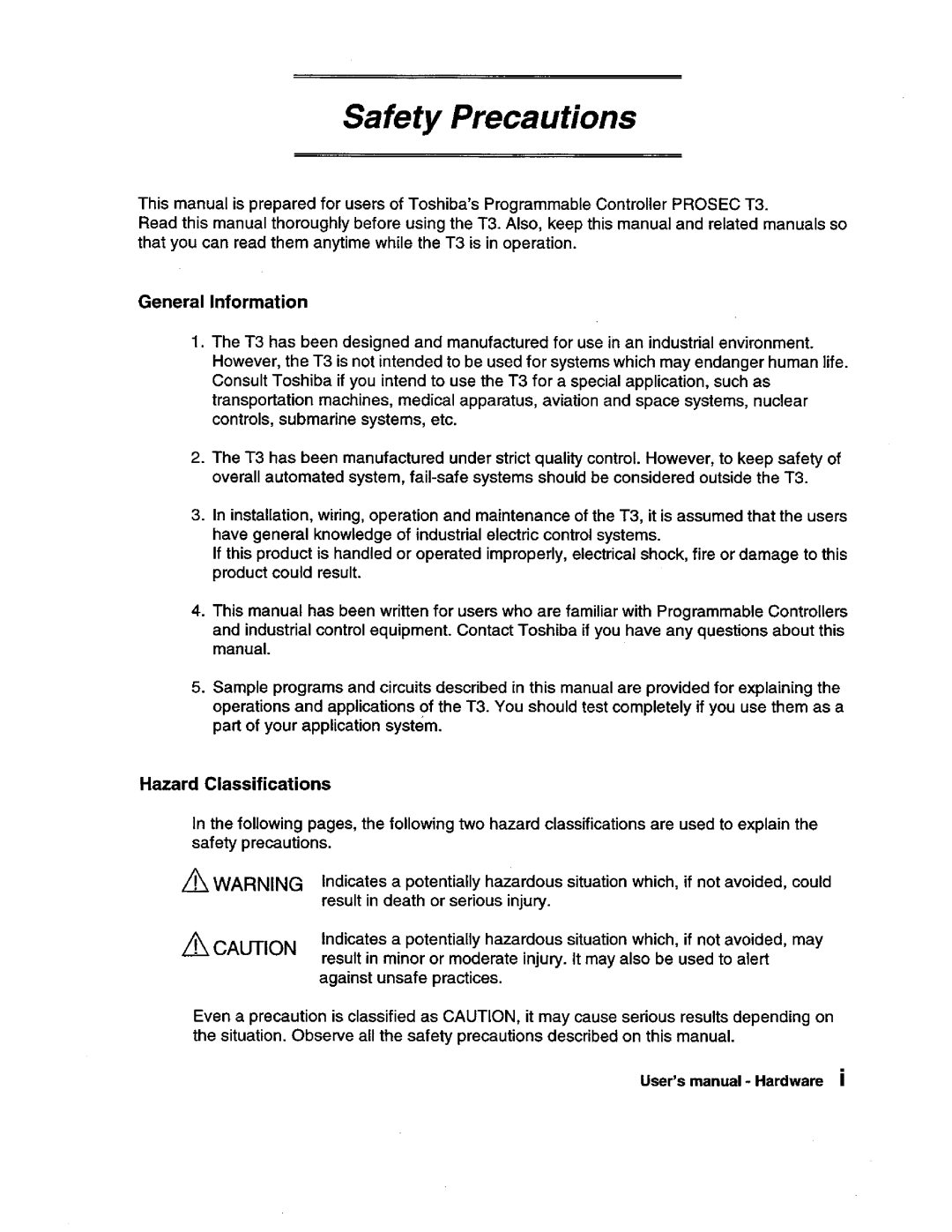 Toshiba PROSEC T3 user manual 