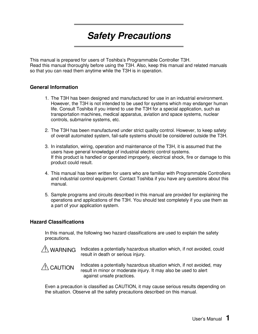 Toshiba PROSEC T3H user manual General Information, Hazard Classifications 