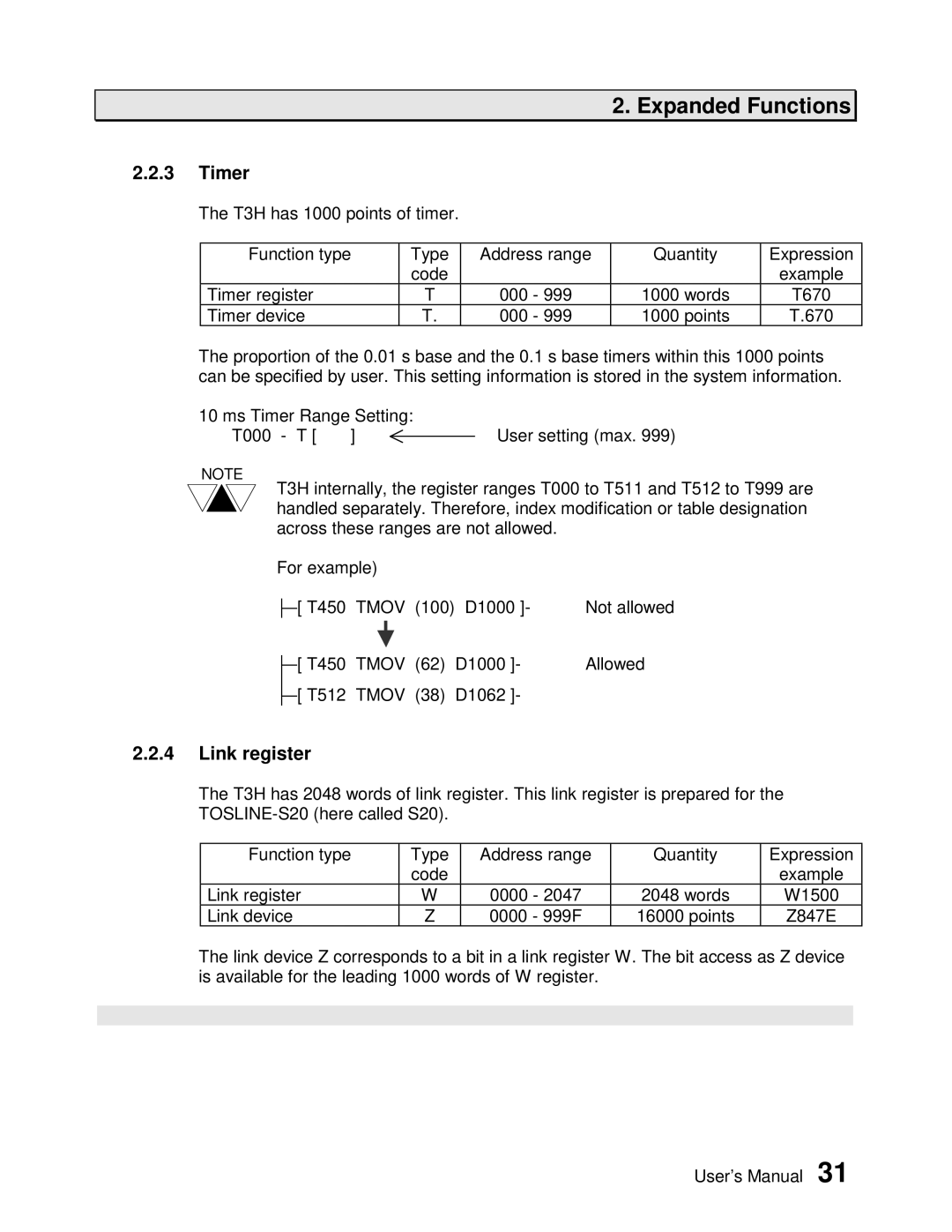 Toshiba PROSEC T3H user manual Timer, Link register 