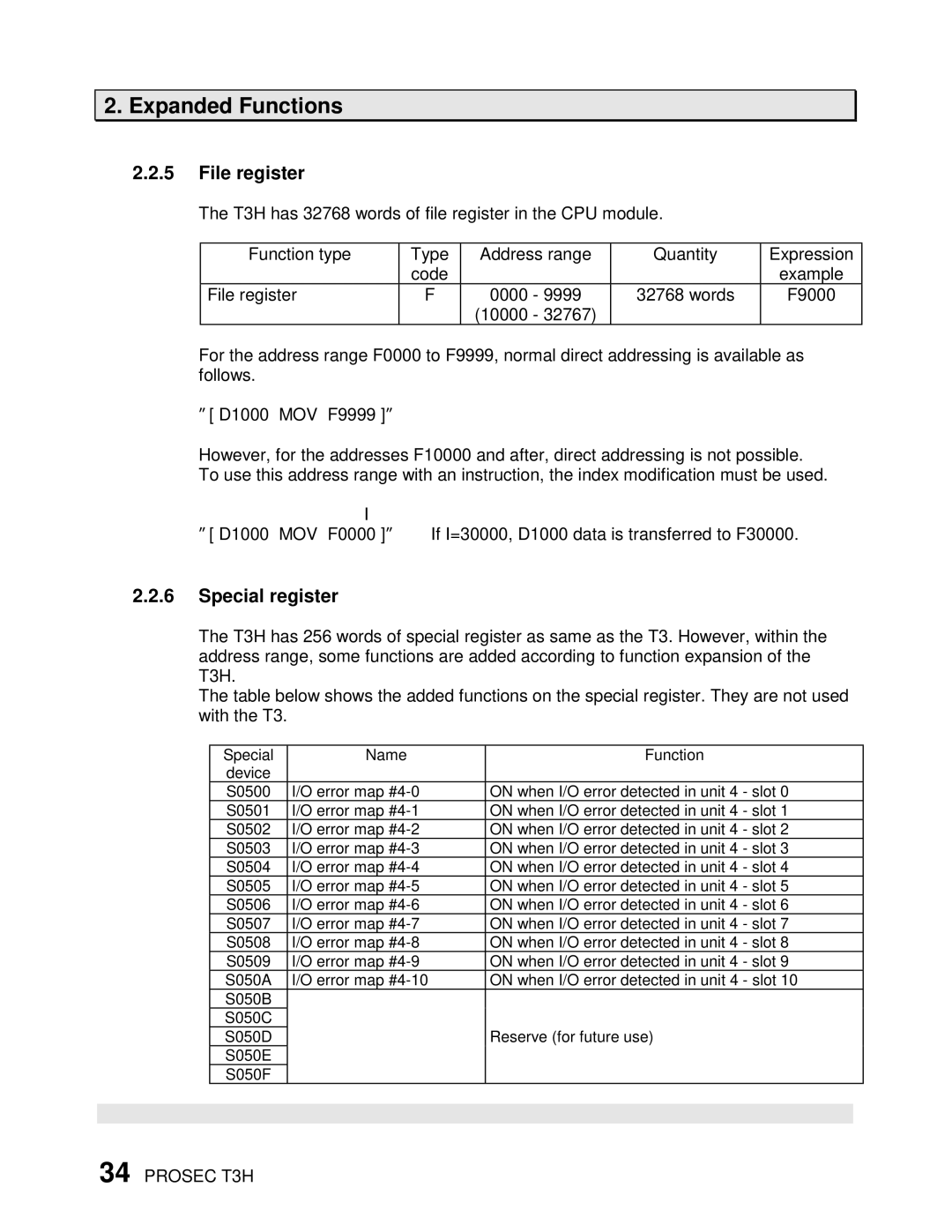 Toshiba PROSEC T3H user manual File register, Special register 