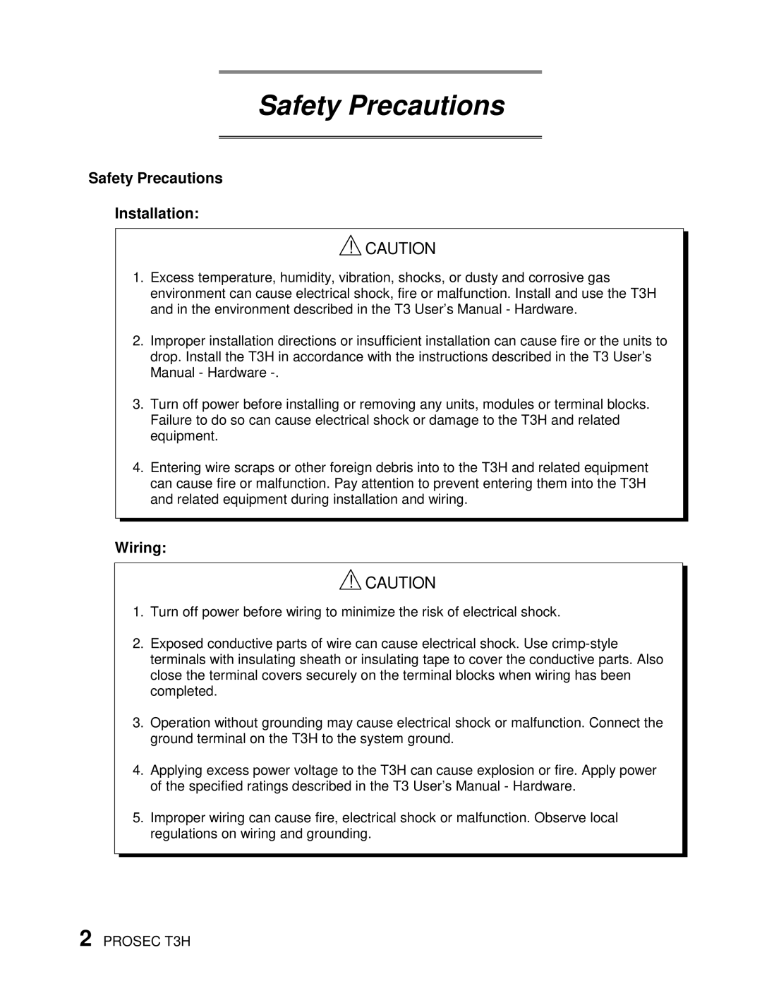 Toshiba PROSEC T3H user manual Safety Precautions Installation, Wiring 