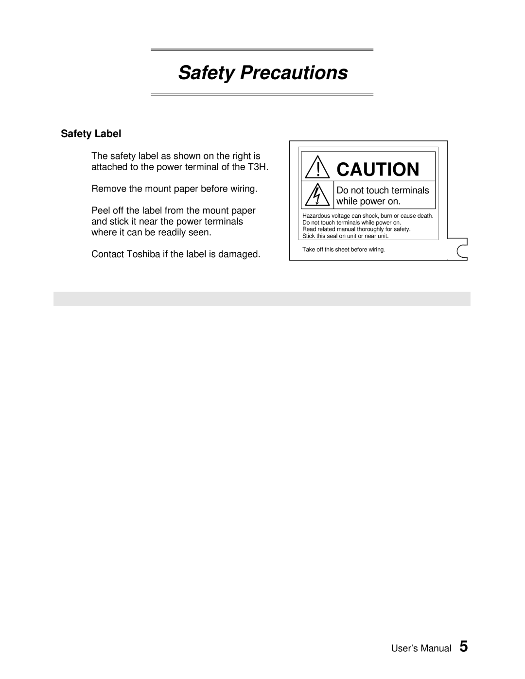 Toshiba PROSEC T3H user manual Safety Label 