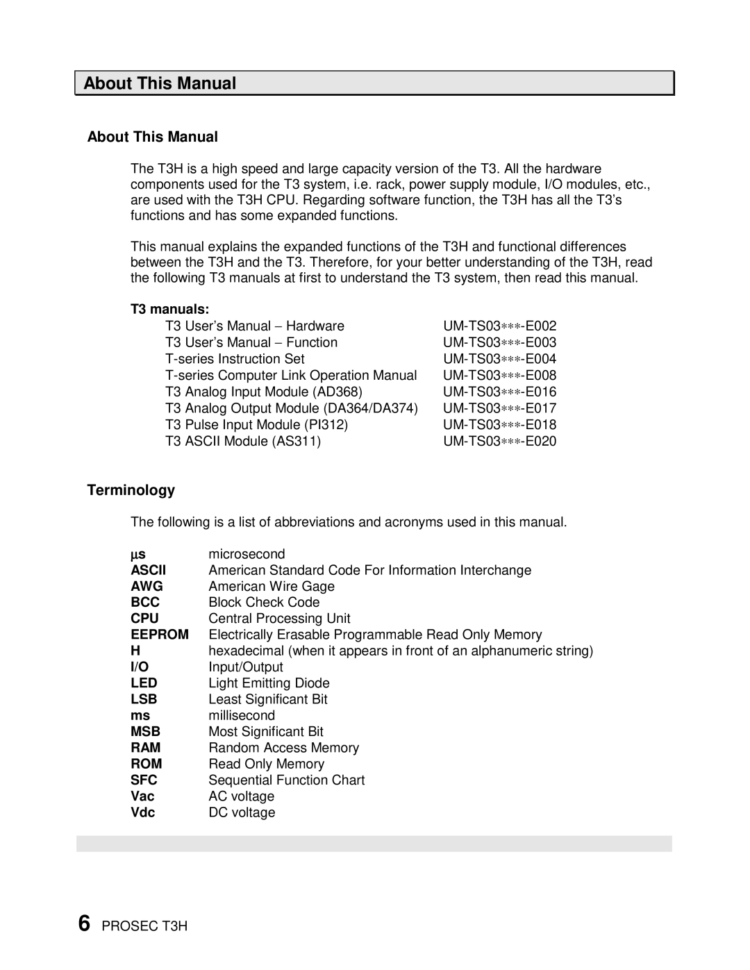 Toshiba PROSEC T3H user manual About This Manual, Terminology, T3 manuals, Vac, Vdc 