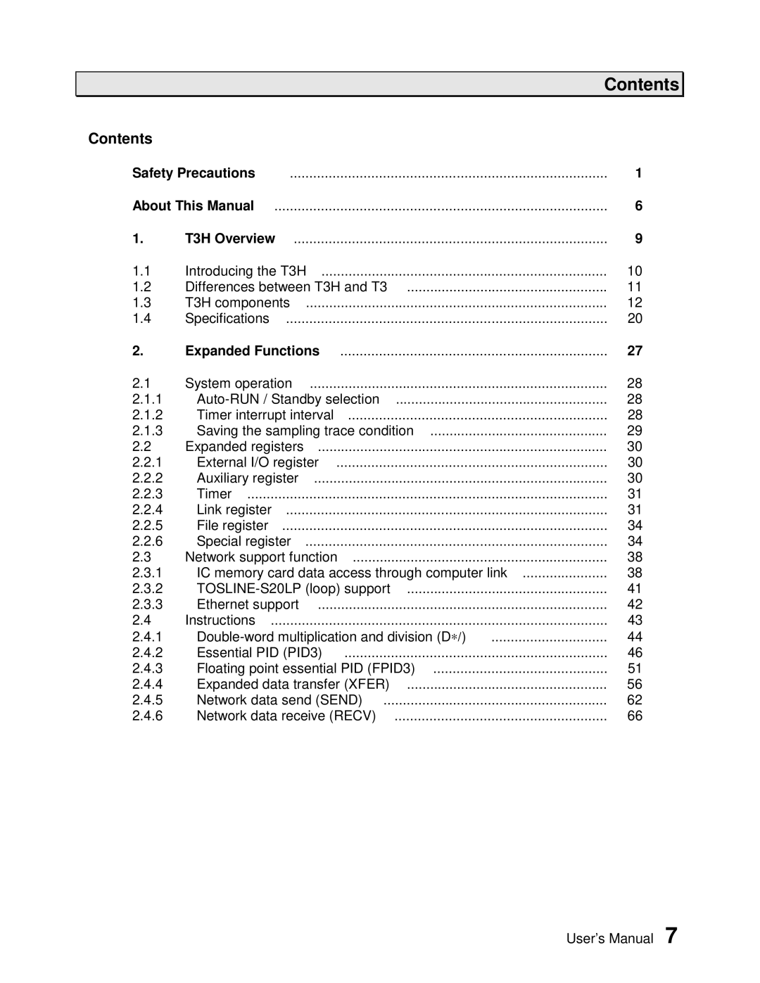 Toshiba PROSEC T3H user manual Contents 