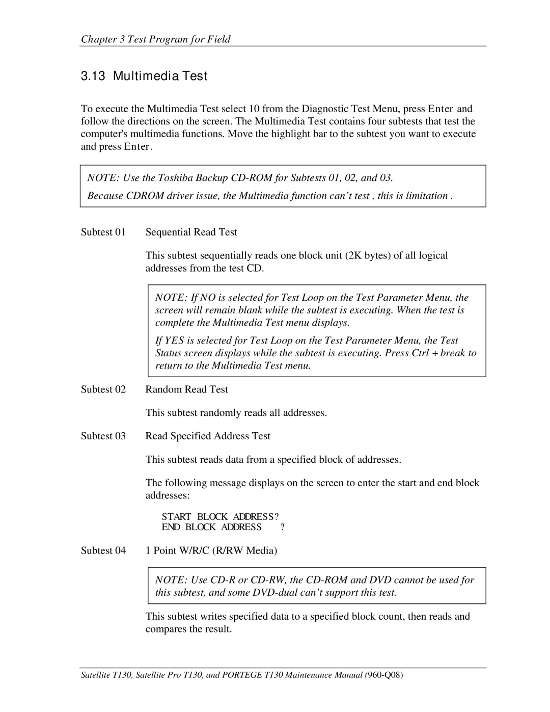 Toshiba PROT130 manual Return to the Multimedia Test menu 