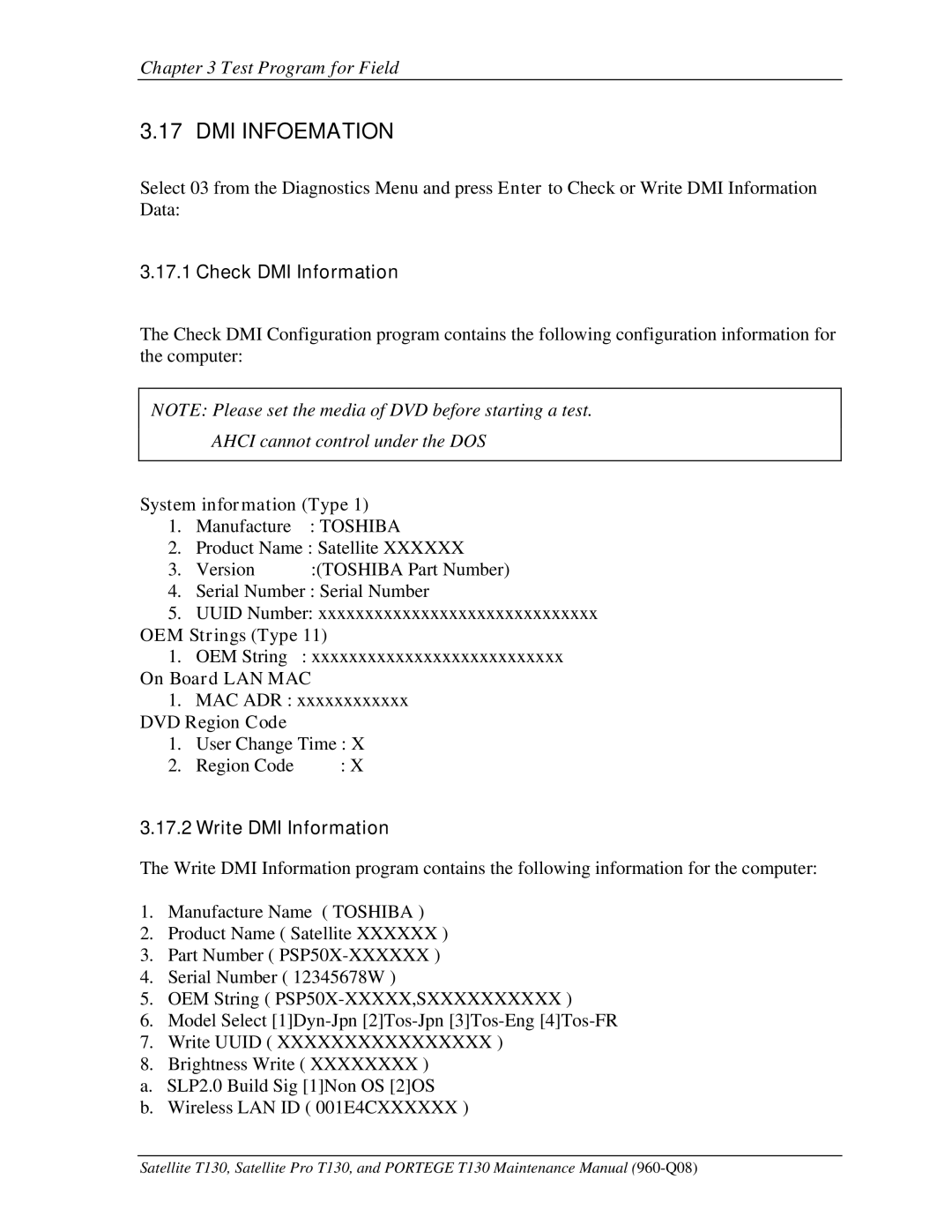 Toshiba PROT130 manual Check DMI Information, Write DMI Information 