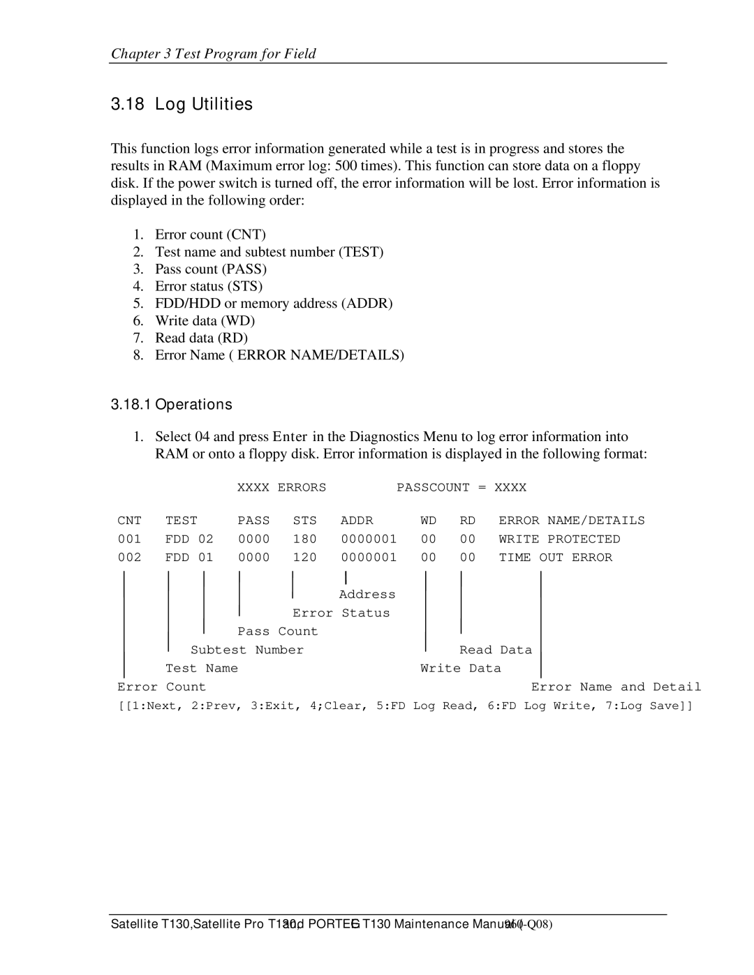 Toshiba PROT130 manual Log Utilities, Operations 