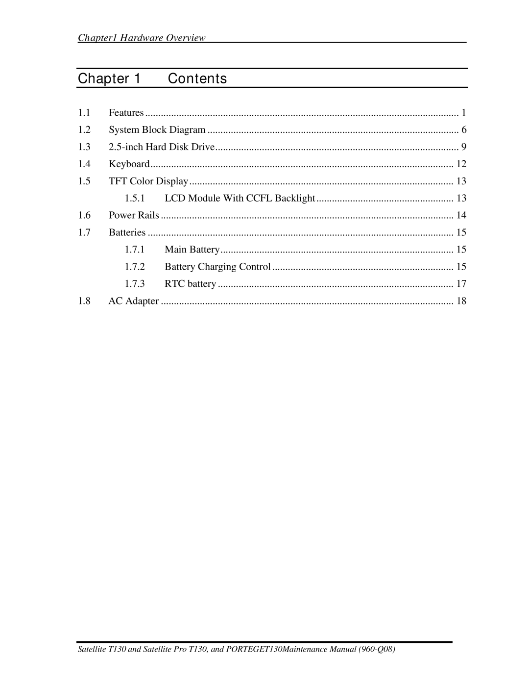 Toshiba PROT130 manual Chapter Contents 