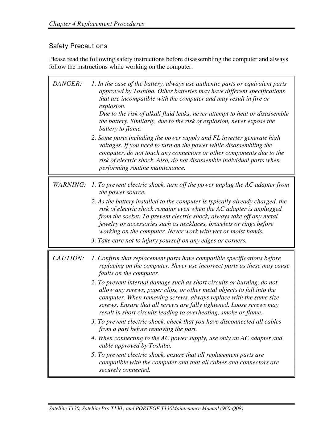 Toshiba PROT130 manual Safety Precautions 