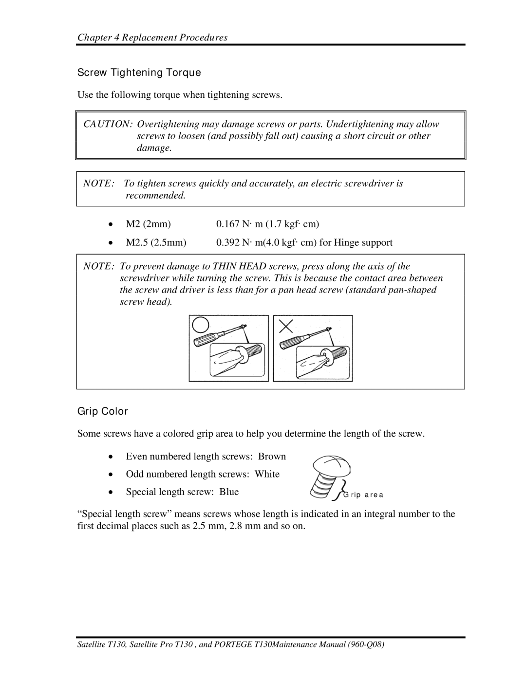 Toshiba PROT130 manual Screw Tightening Torque, Grip Color 