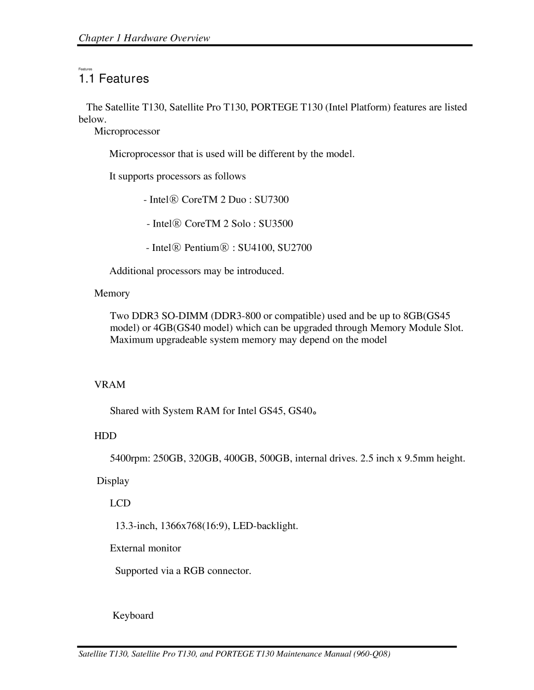 Toshiba PROT130 manual Features, Lcd 