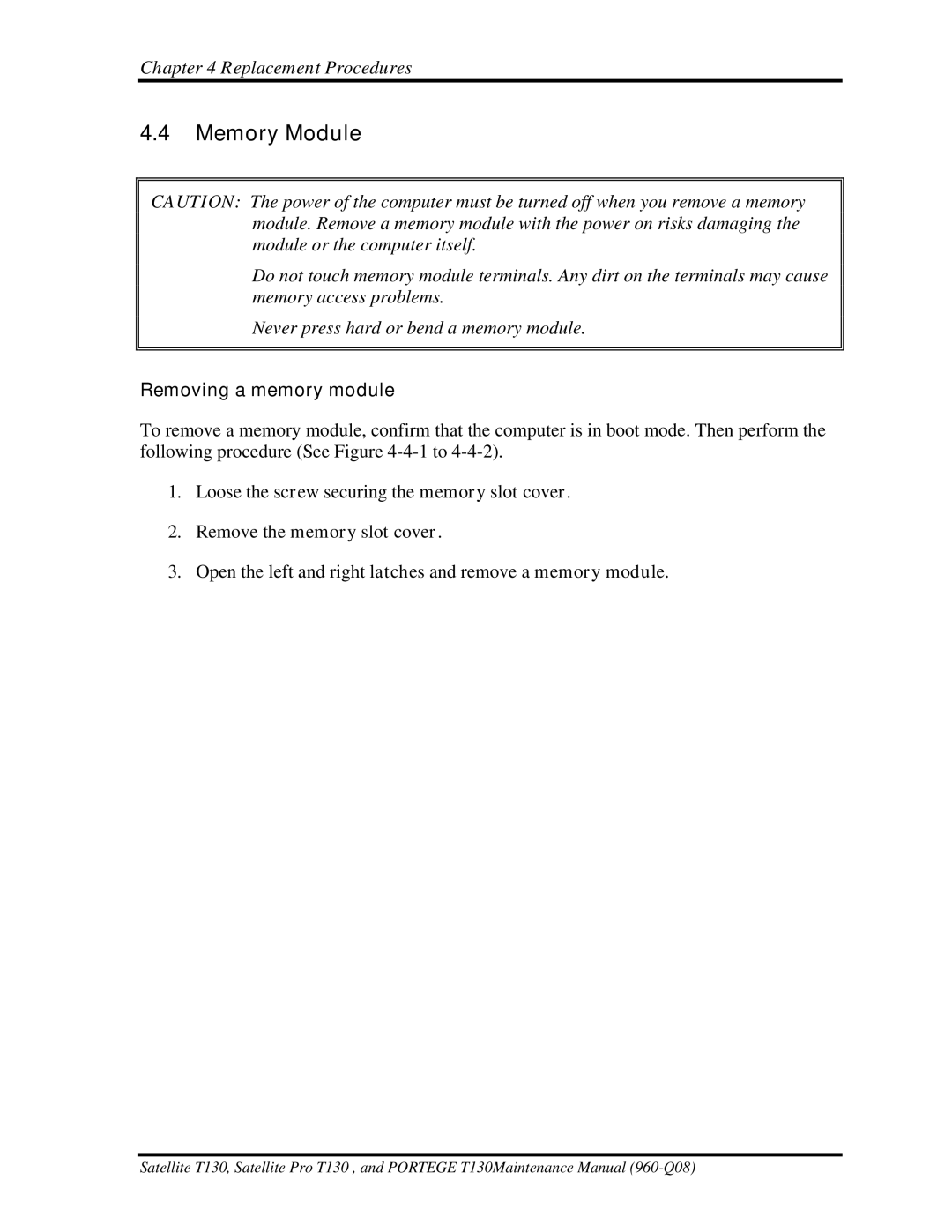 Toshiba PROT130 manual Memory Module, Removing a memory module 