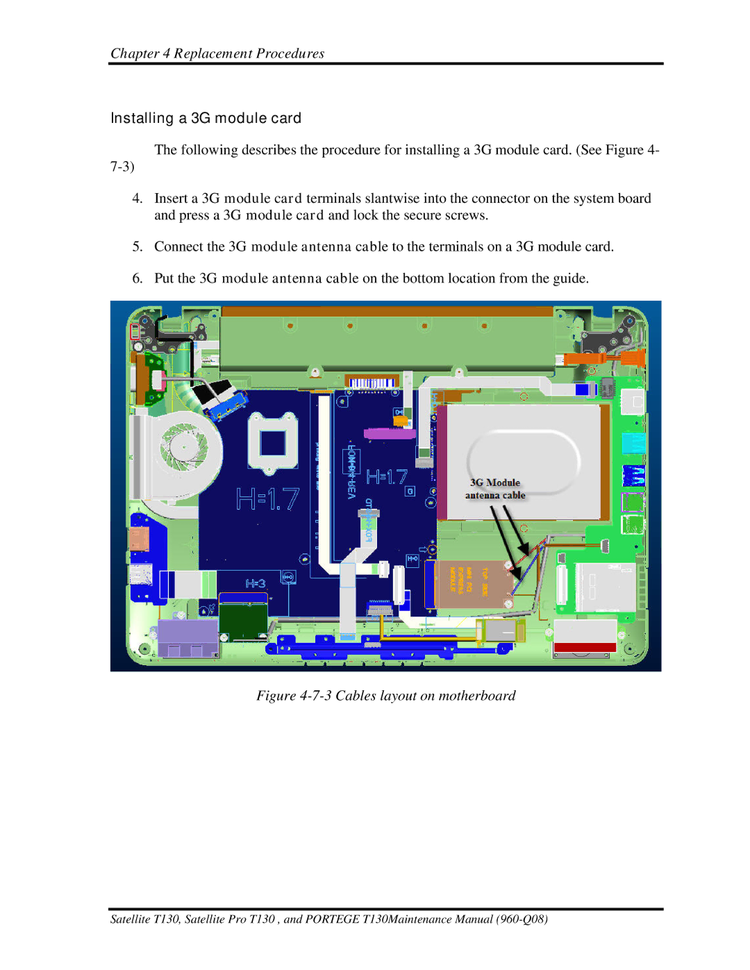 Toshiba PROT130 manual Installing a 3G module card, Cables layout on motherboard 