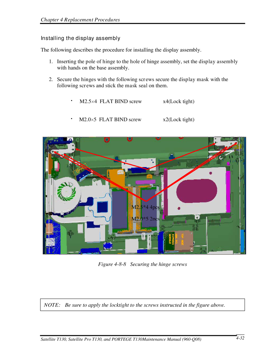 Toshiba PROT130 manual Installing the display assembly, Securing the hinge screws 