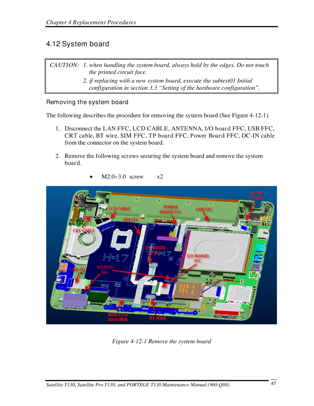 Toshiba PROT130 manual System board, Removing the system board 
