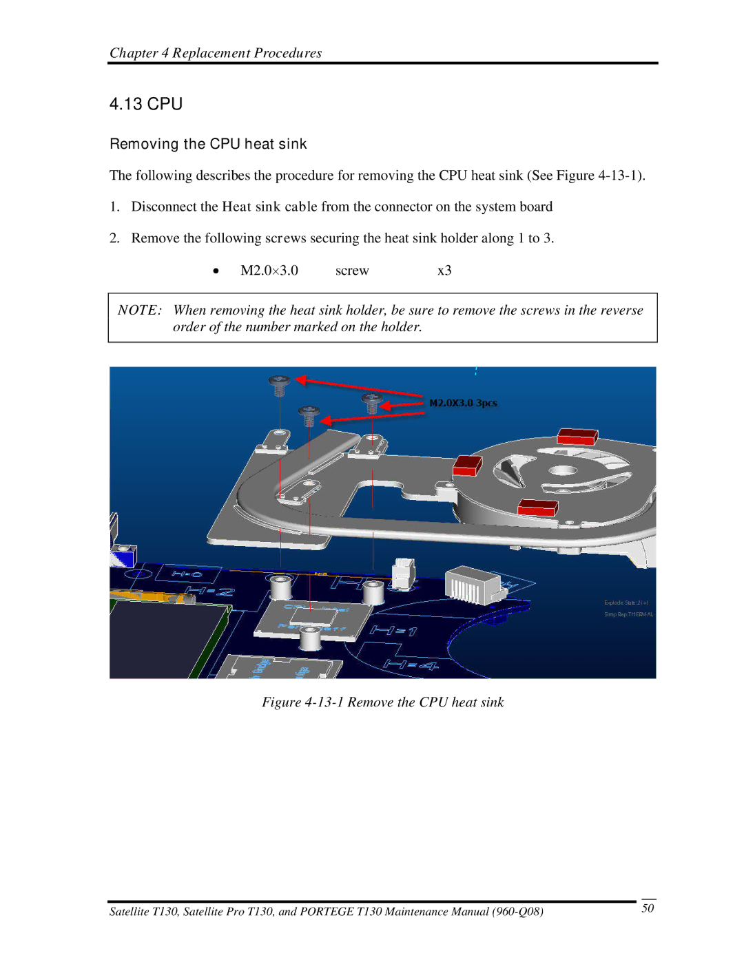 Toshiba PROT130 manual 13 CPU, Removing the CPU heat sink 