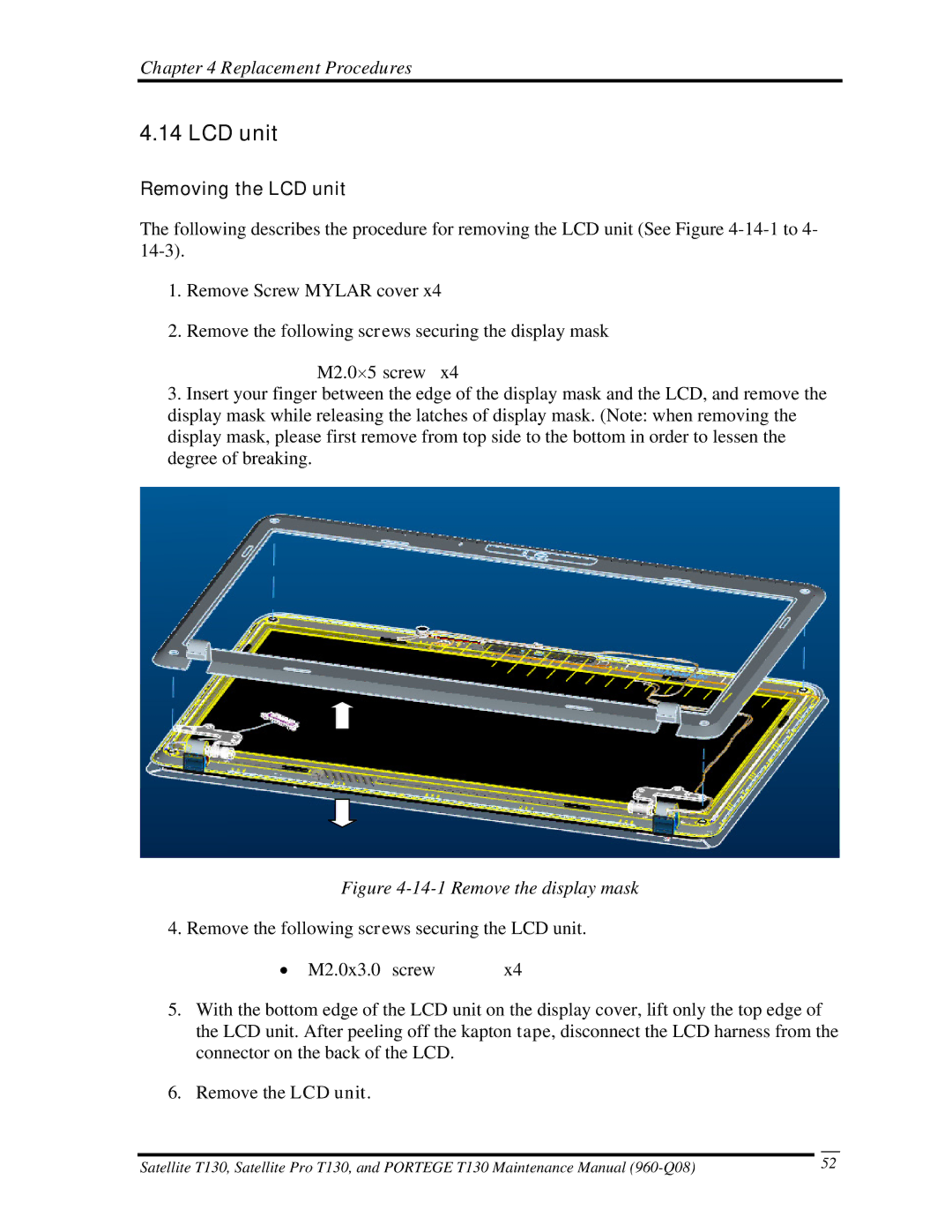 Toshiba PROT130 manual Removing the LCD unit 