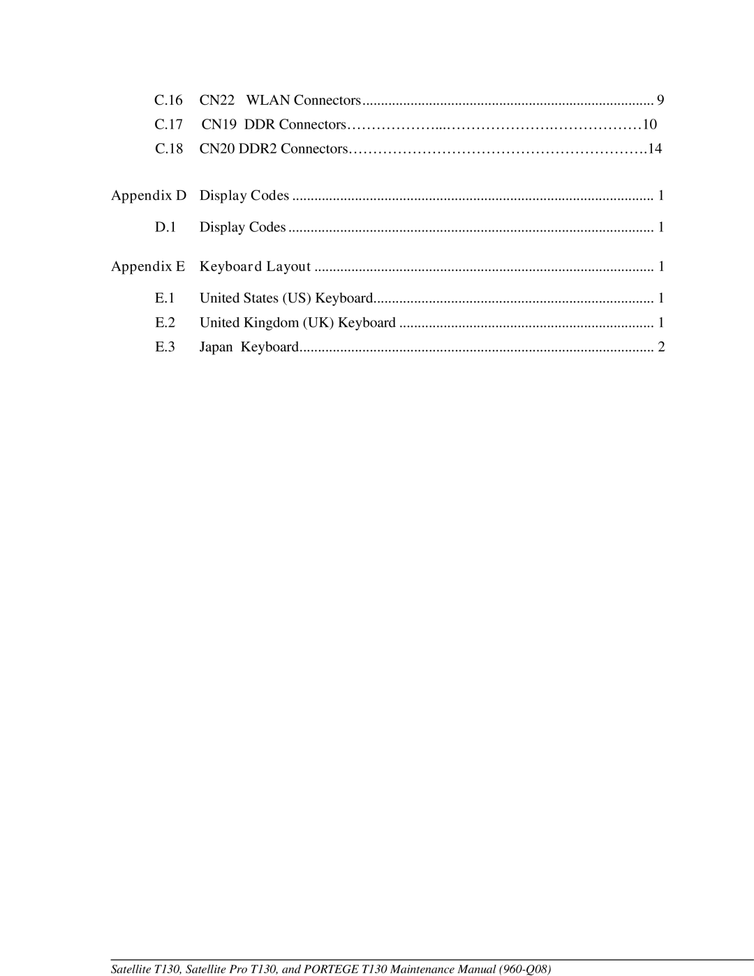 Toshiba PROT130 manual Appendix D Display Codes 