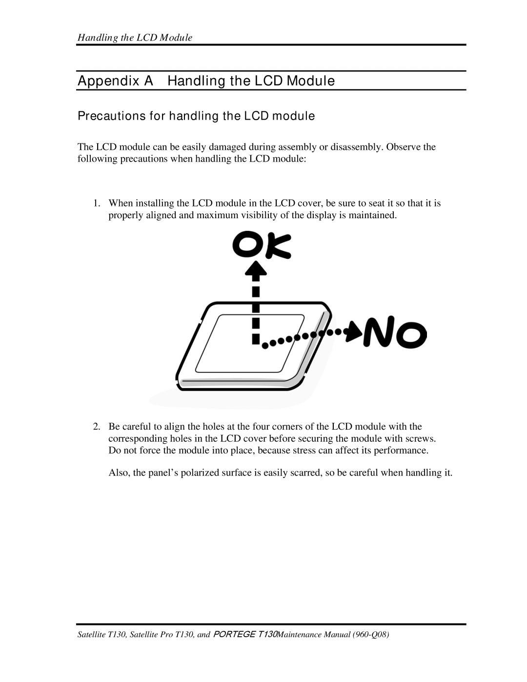 Toshiba PROT130 manual Appendix a Handling the LCD Module, Precautions for handling the LCD module 