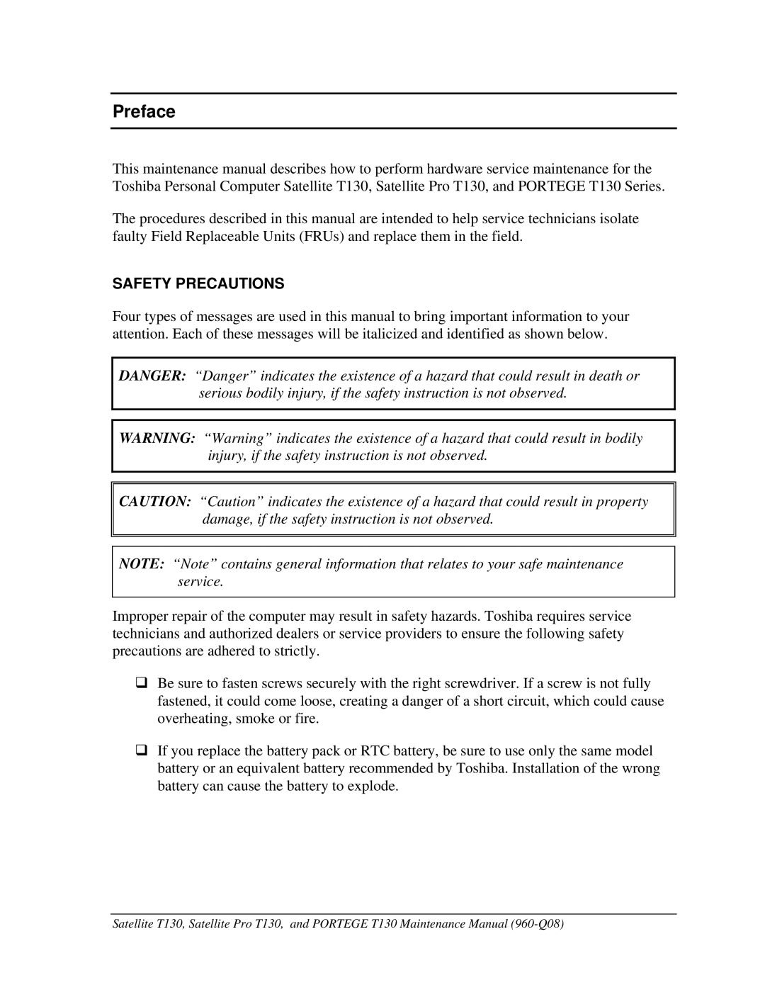 Toshiba PROT130 manual Preface, Safety Precautions 