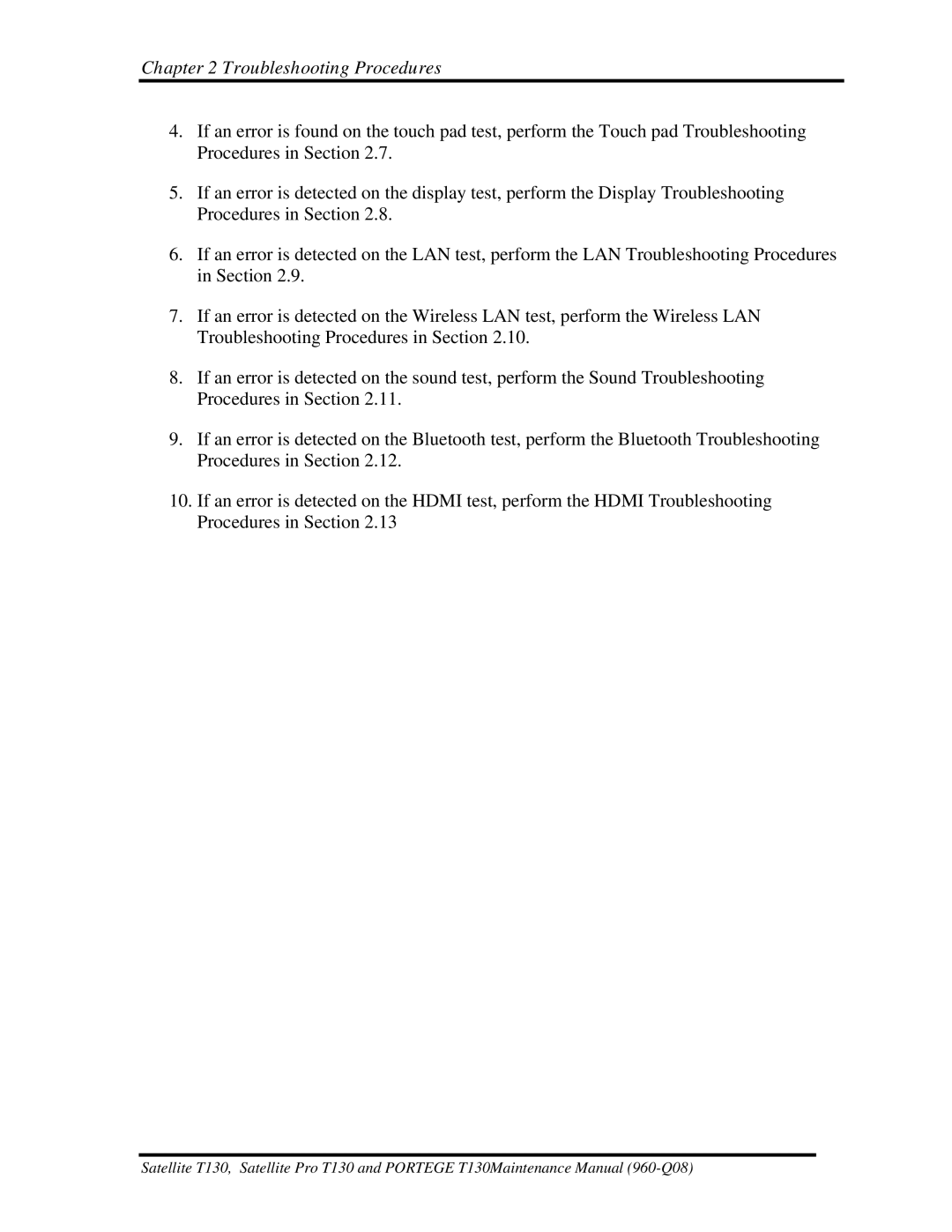 Toshiba PROT130 manual Troubleshooting Procedures 