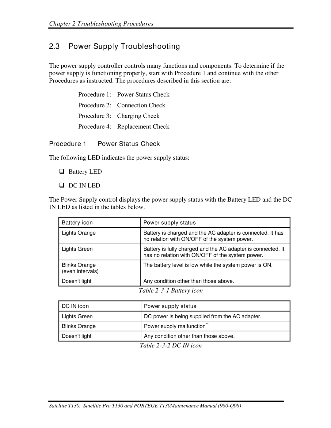 Toshiba PROT130 manual Power Supply Troubleshooting, Procedure 1 Power Status Check 