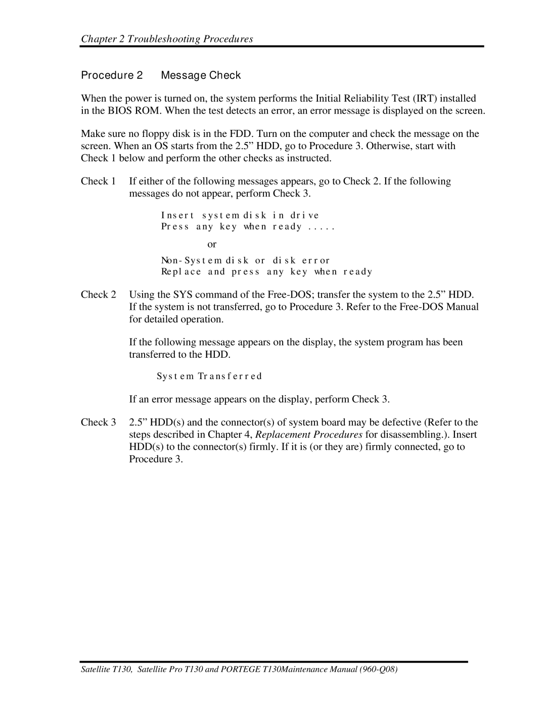 Toshiba PROT130 manual Procedure 2 Message Check 