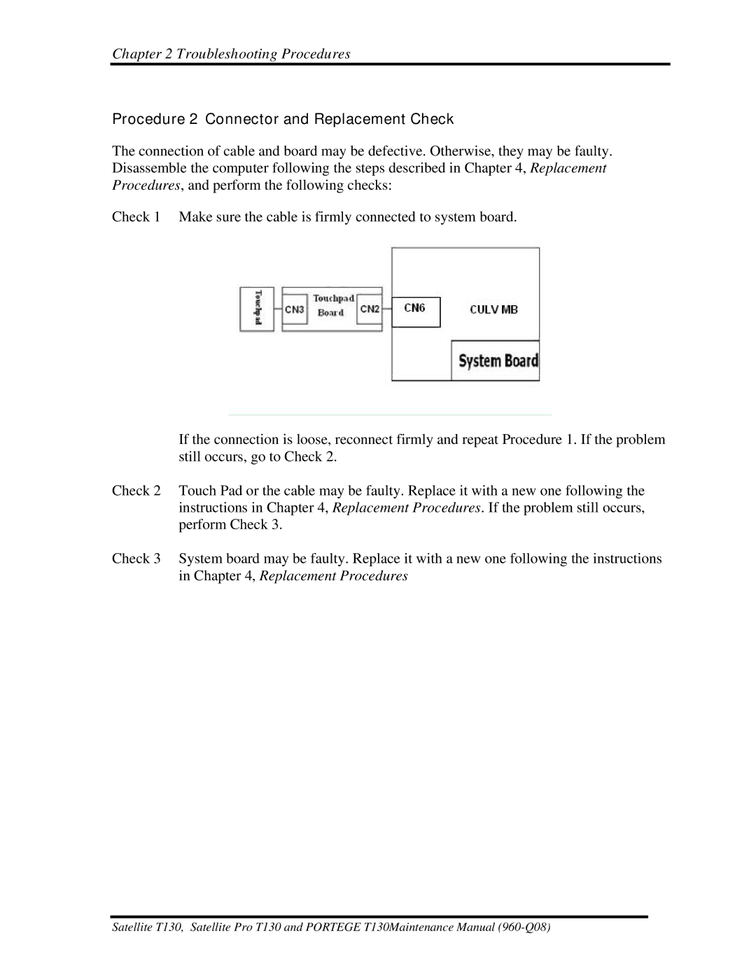 Toshiba PROT130 manual Procedure 2 Connector and Replacement Check 