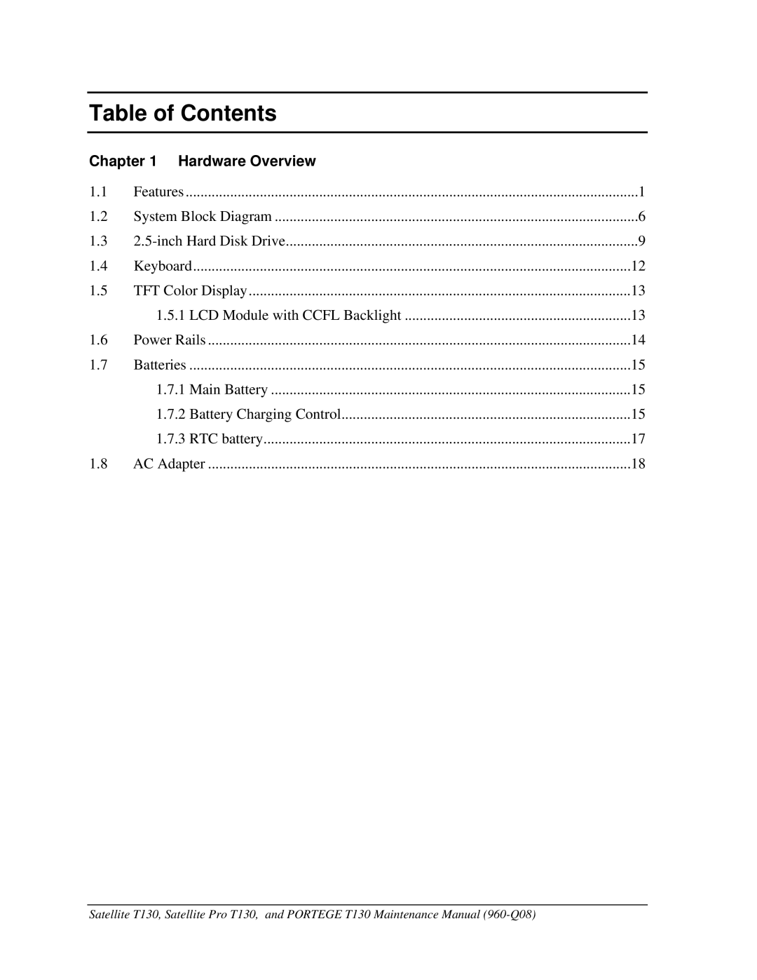 Toshiba PROT130 manual Table of Contents 