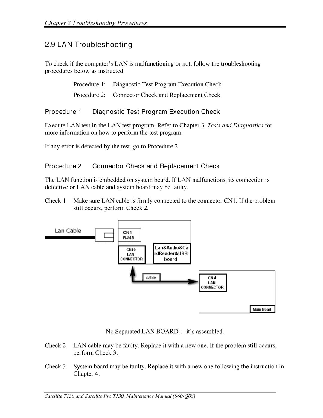 Toshiba PROT130 manual LAN Troubleshooting, Procedure 2 Connector Check and Replacement Check 