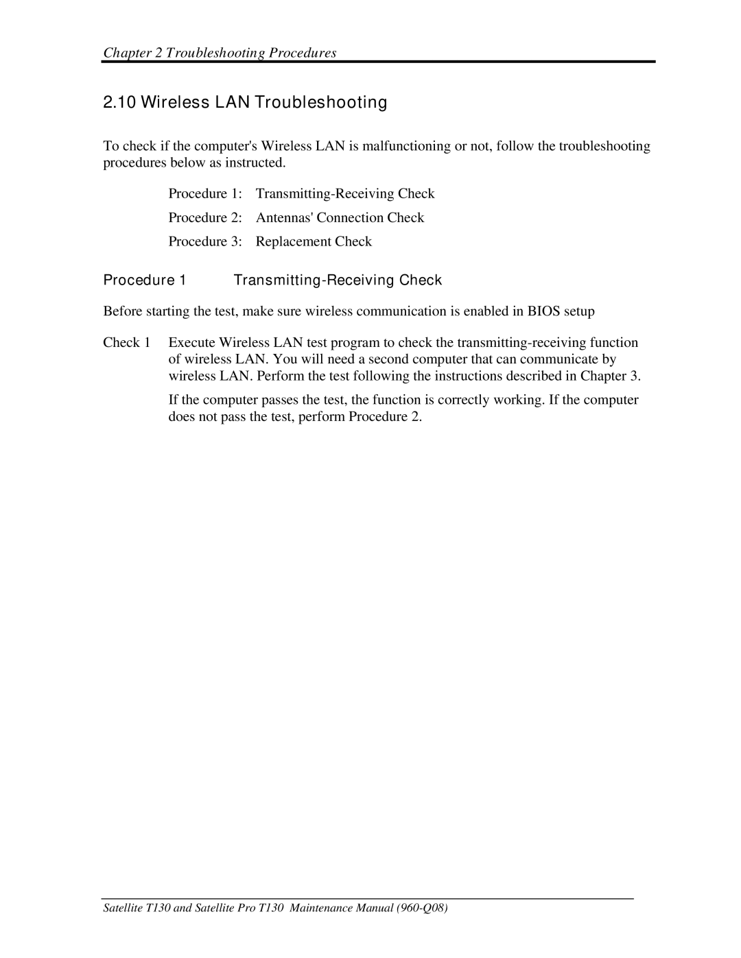 Toshiba PROT130 manual Wireless LAN Troubleshooting, Procedure 1 Transmitting-Receiving Check 