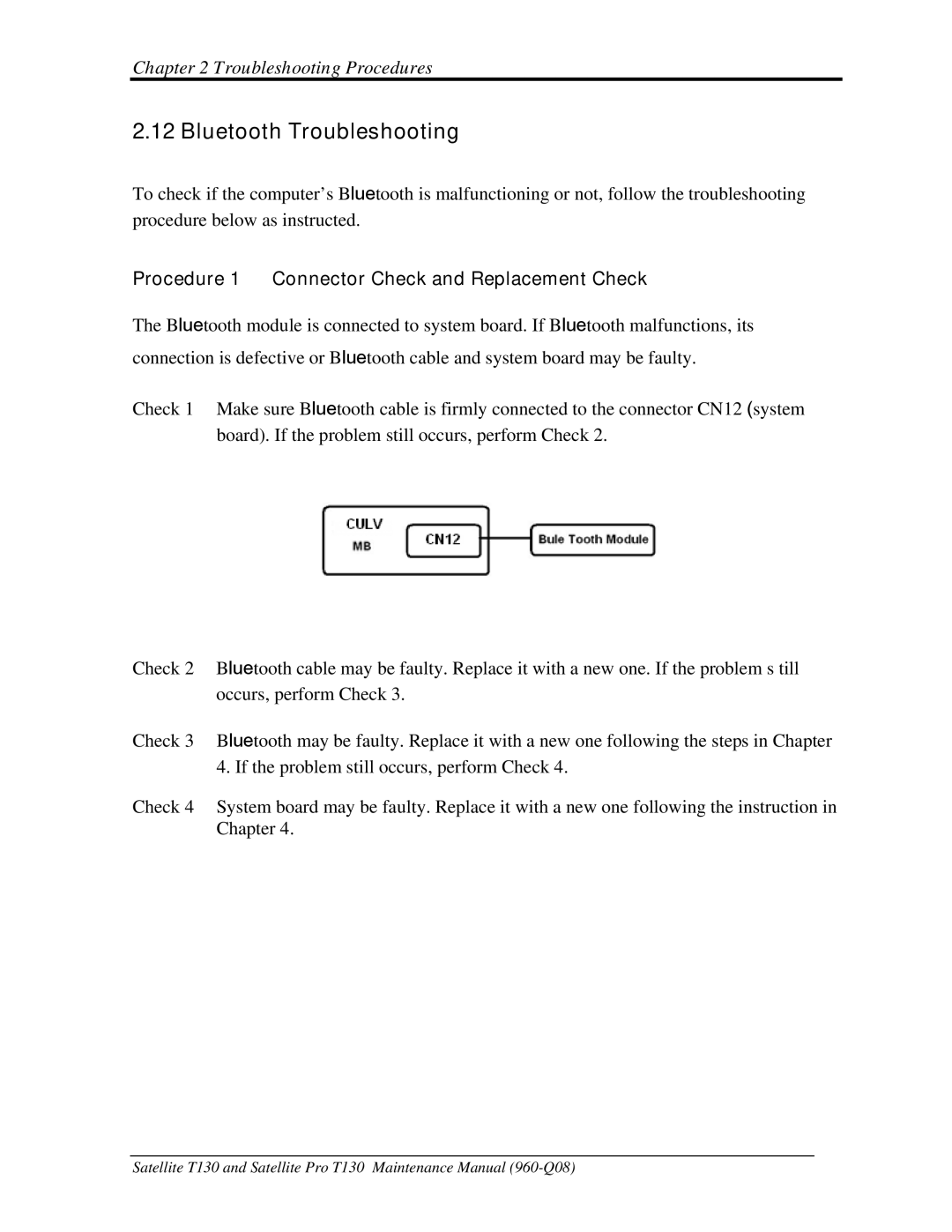 Toshiba PROT130 manual Bluetooth Troubleshooting, Procedure 1 Connector Check and Replacement Check 