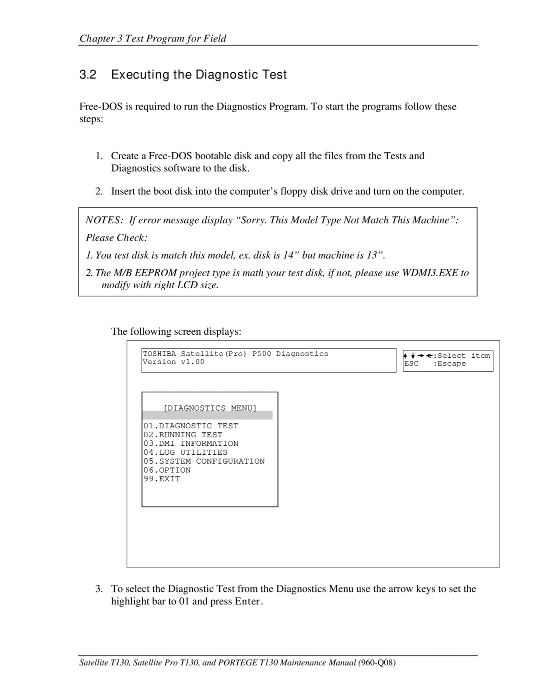 Toshiba PROT130 manual Executing the Diagnostic Test, Please Check 