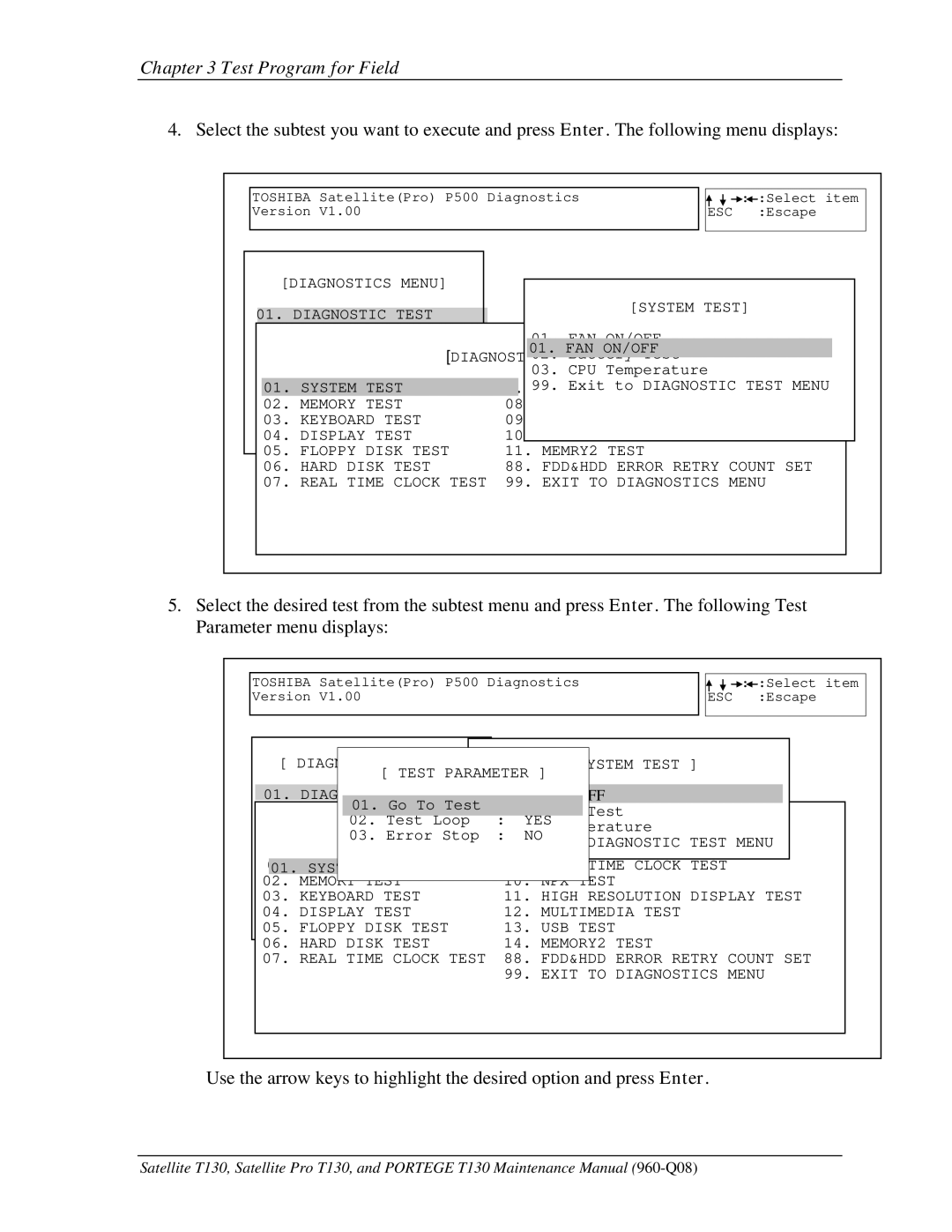 Toshiba PROT130 manual Test Menu 