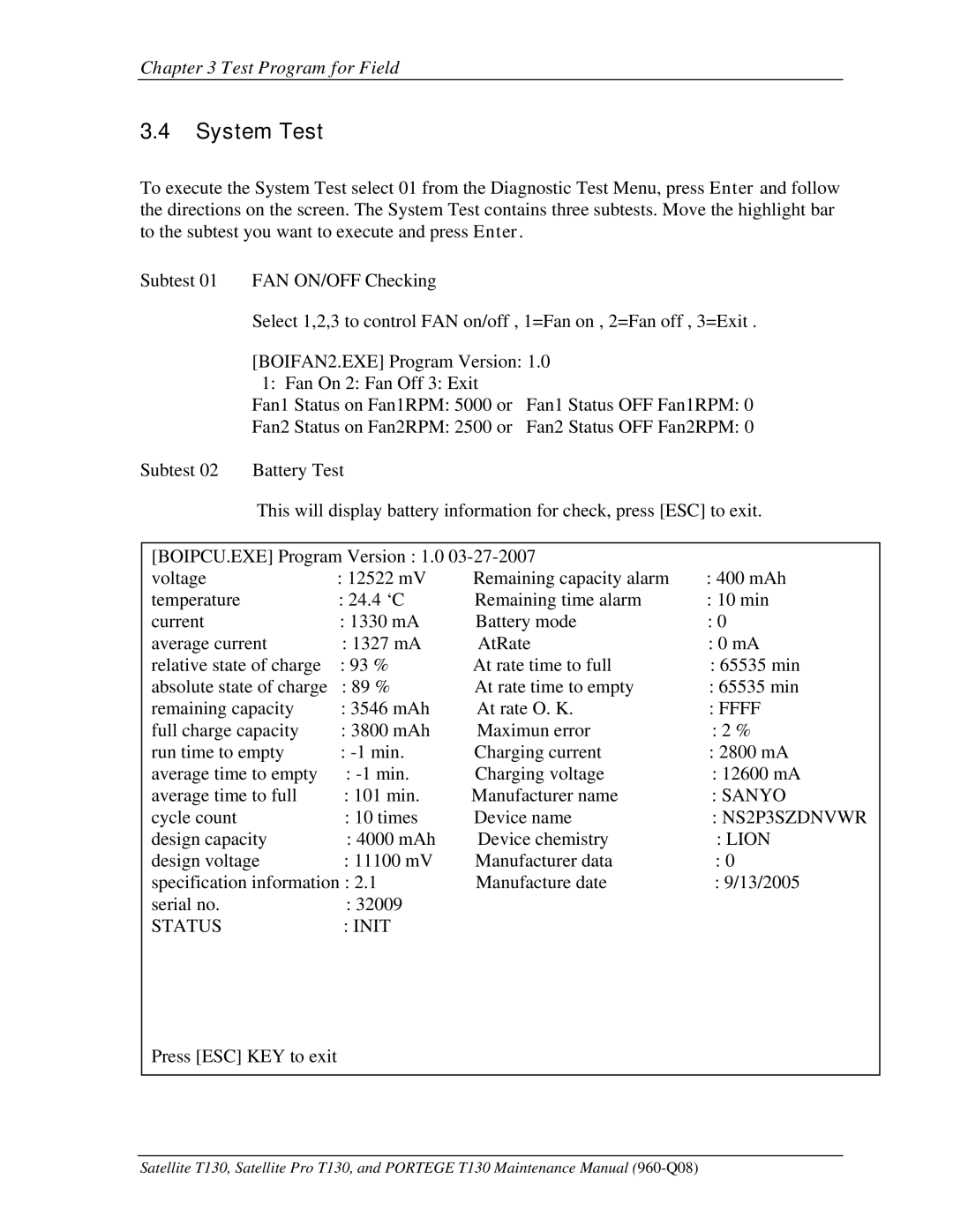 Toshiba PROT130 manual System Test, Ffff 