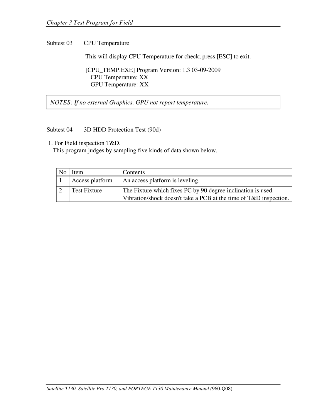 Toshiba PROT130 manual Test Program for Field 