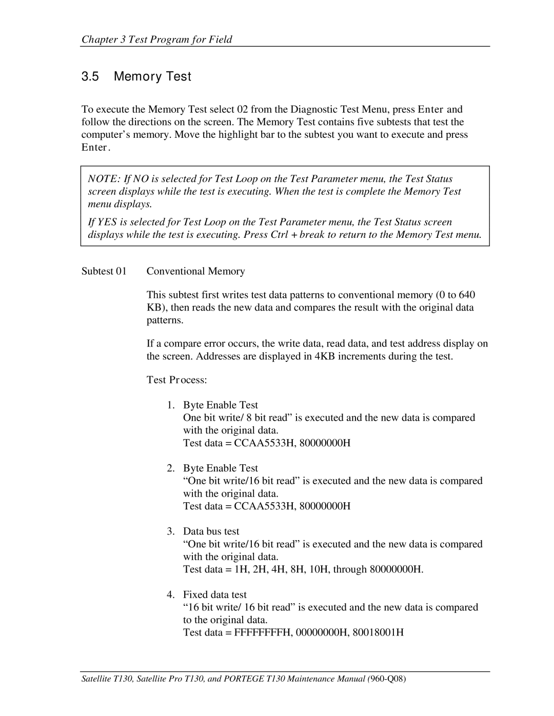 Toshiba PROT130 manual Memory Test, Enter 