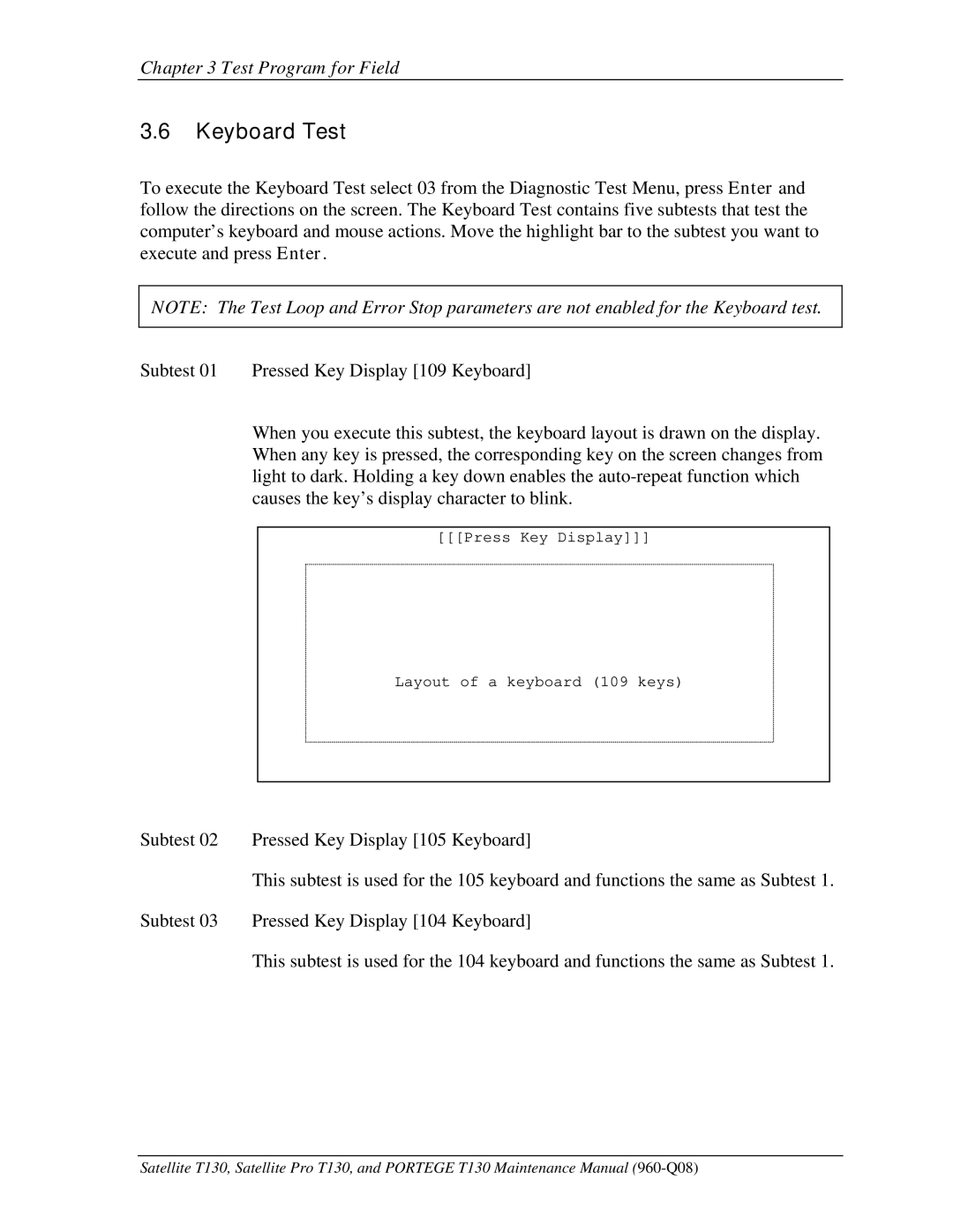 Toshiba PROT130 manual Keyboard Test 