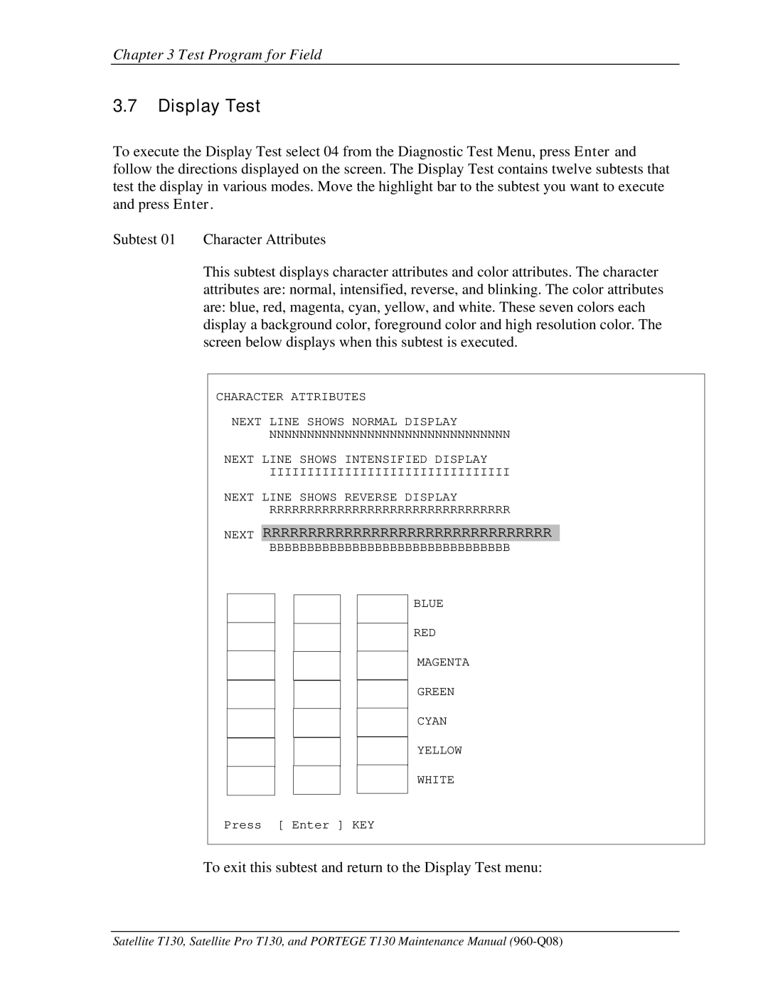 Toshiba PROT130 manual Display Test 