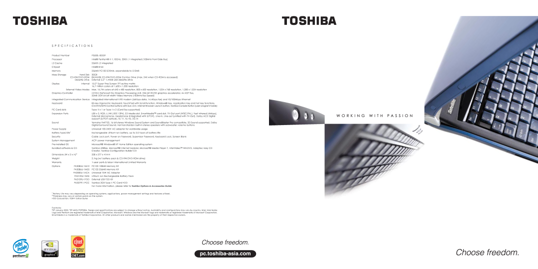 Toshiba PS500L-00Z59 specifications W O R K I N G W I T H P A S S I O N, S P E C I F I C A T I O N S 