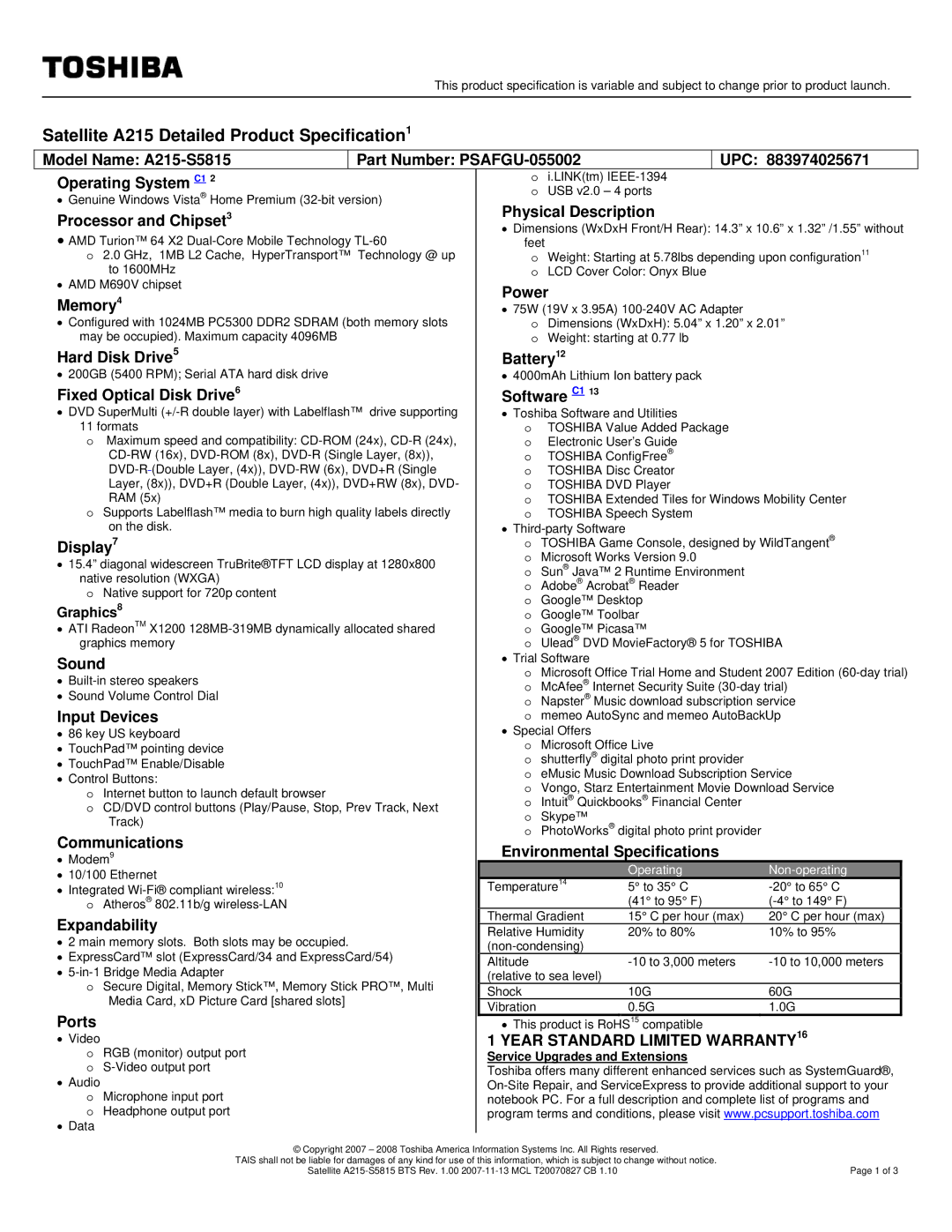 Toshiba PSAFGU-055002 specifications Processor and Chipset3, Memory4, Hard Disk Drive5, Fixed Optical Disk Drive6, Sound 