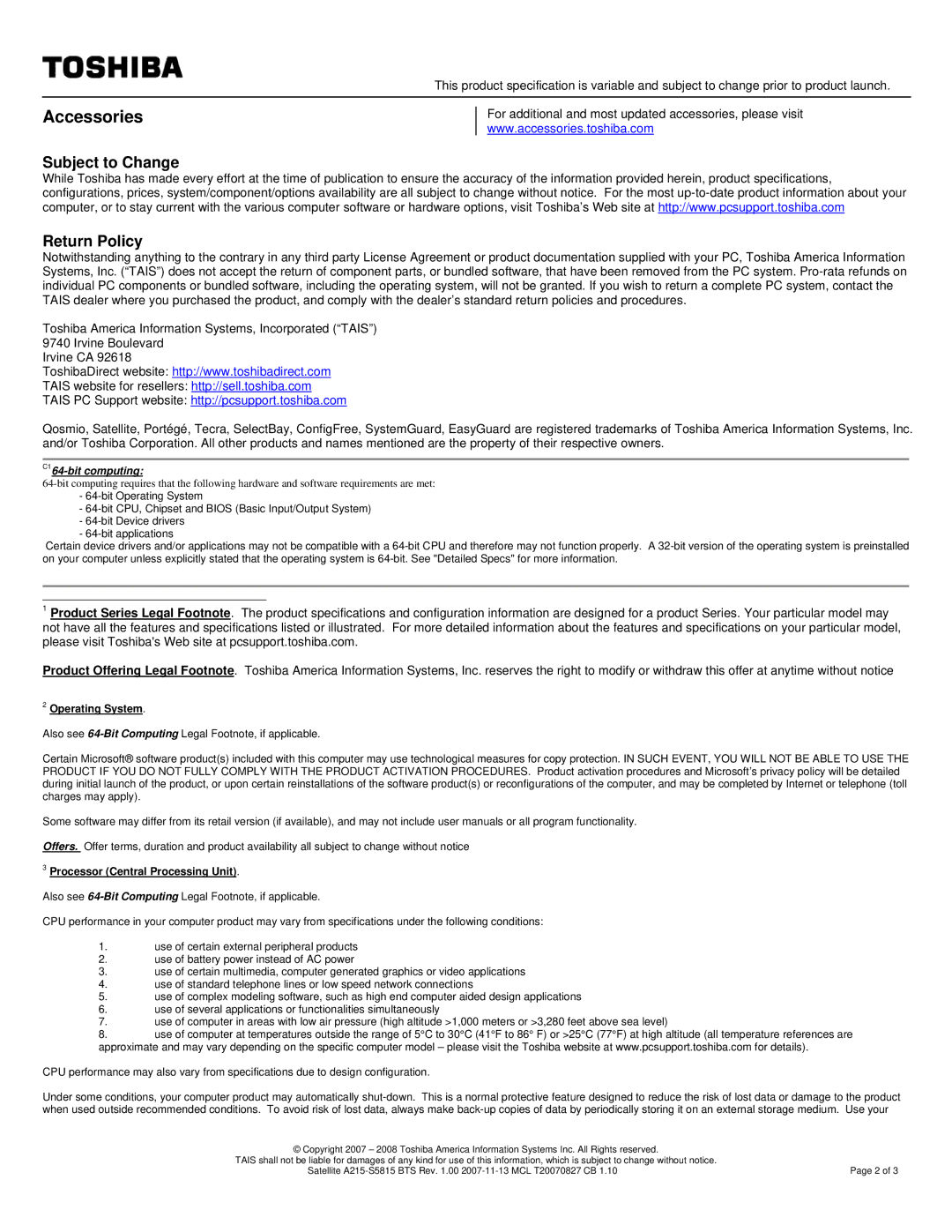 Toshiba PSAFGU-055002 specifications Subject to Change Return Policy, Operating System, Processor Central Processing Unit 