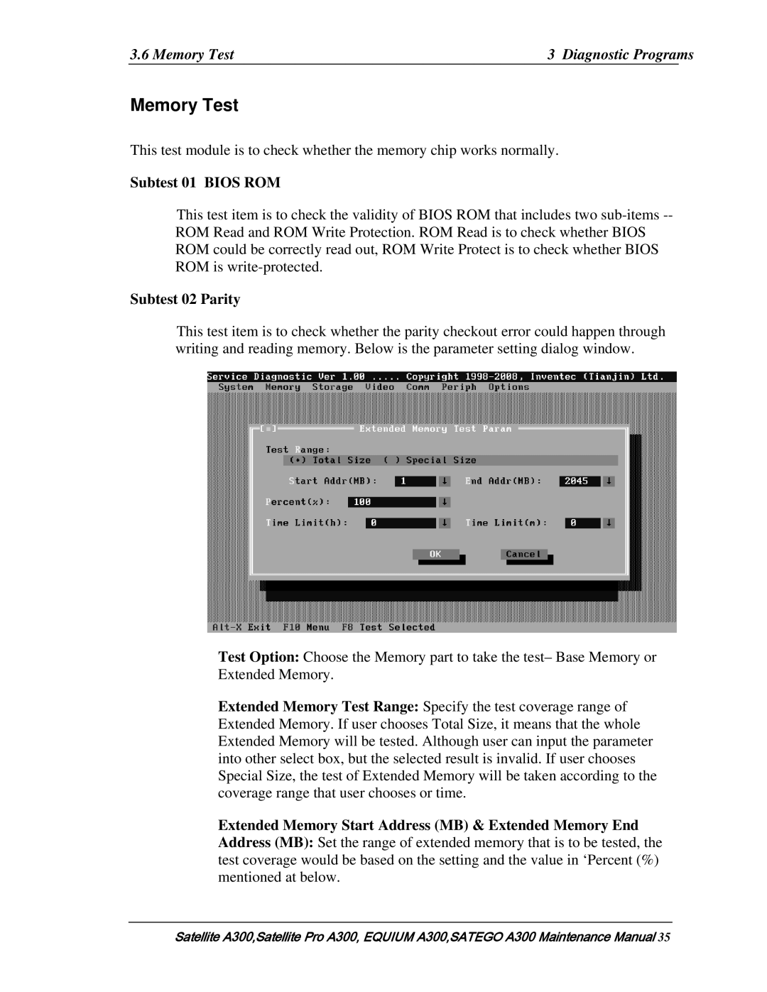 Toshiba PSAGQX, PSAGFX, PSAGBX, PSAGAX, PSAGRX Memory Test Diagnostic Programs, Subtest 01 Bios ROM, Subtest 02 Parity 