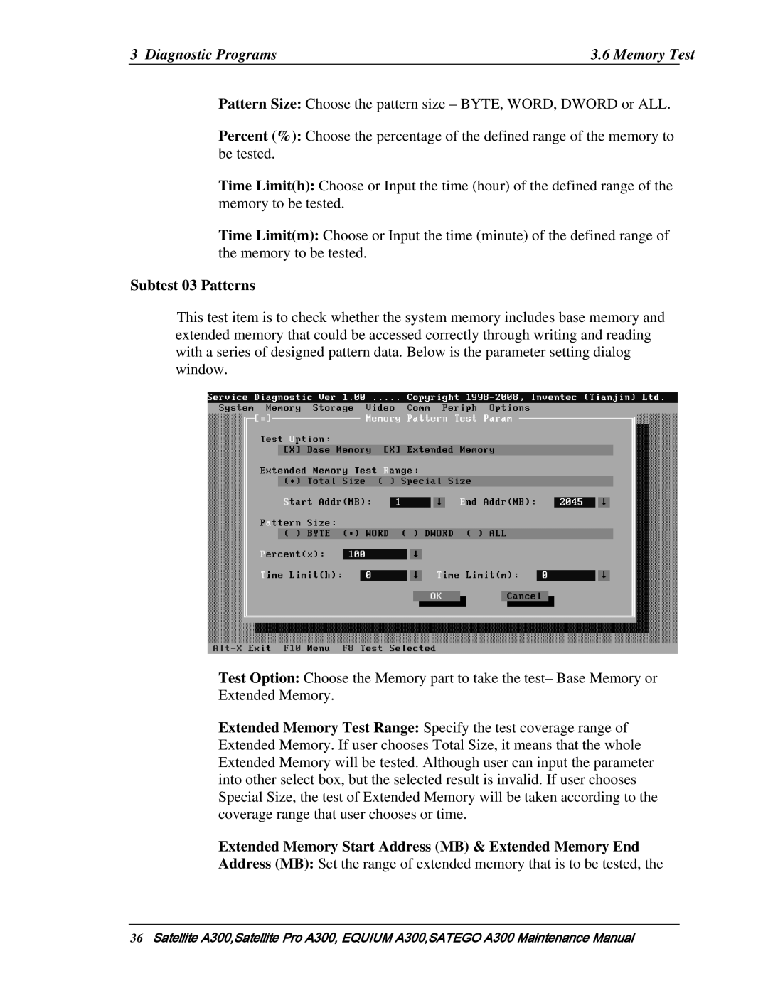 Toshiba PSAGRX, PSAGFX, PSAGBX, PSAGAX, PSAGQX, PSAGCX, PSAGVX, PSAG9X manual Diagnostic Programs Memory Test, Subtest 03 Patterns 