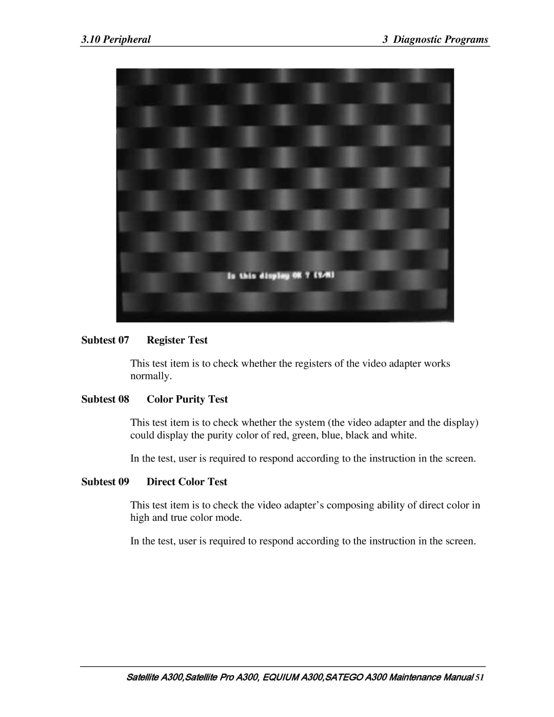 Toshiba PSAGUX, PSAGFX, PSAGBX, PSAGAX, PSAGQX, PSAGRX, PSAGCX manual Subtest 08 Color Purity Test, Subtest 09 Direct Color Test 