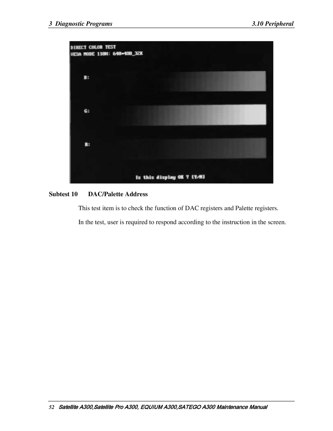 Toshiba PSAGEX, PSAGFX, PSAGBX, PSAGAX, PSAGQX, PSAGRX, PSAGCX, PSAGVX, PSAG9X, PSAGUX, PSAGDX manual Subtest 10 DAC/Palette Address 